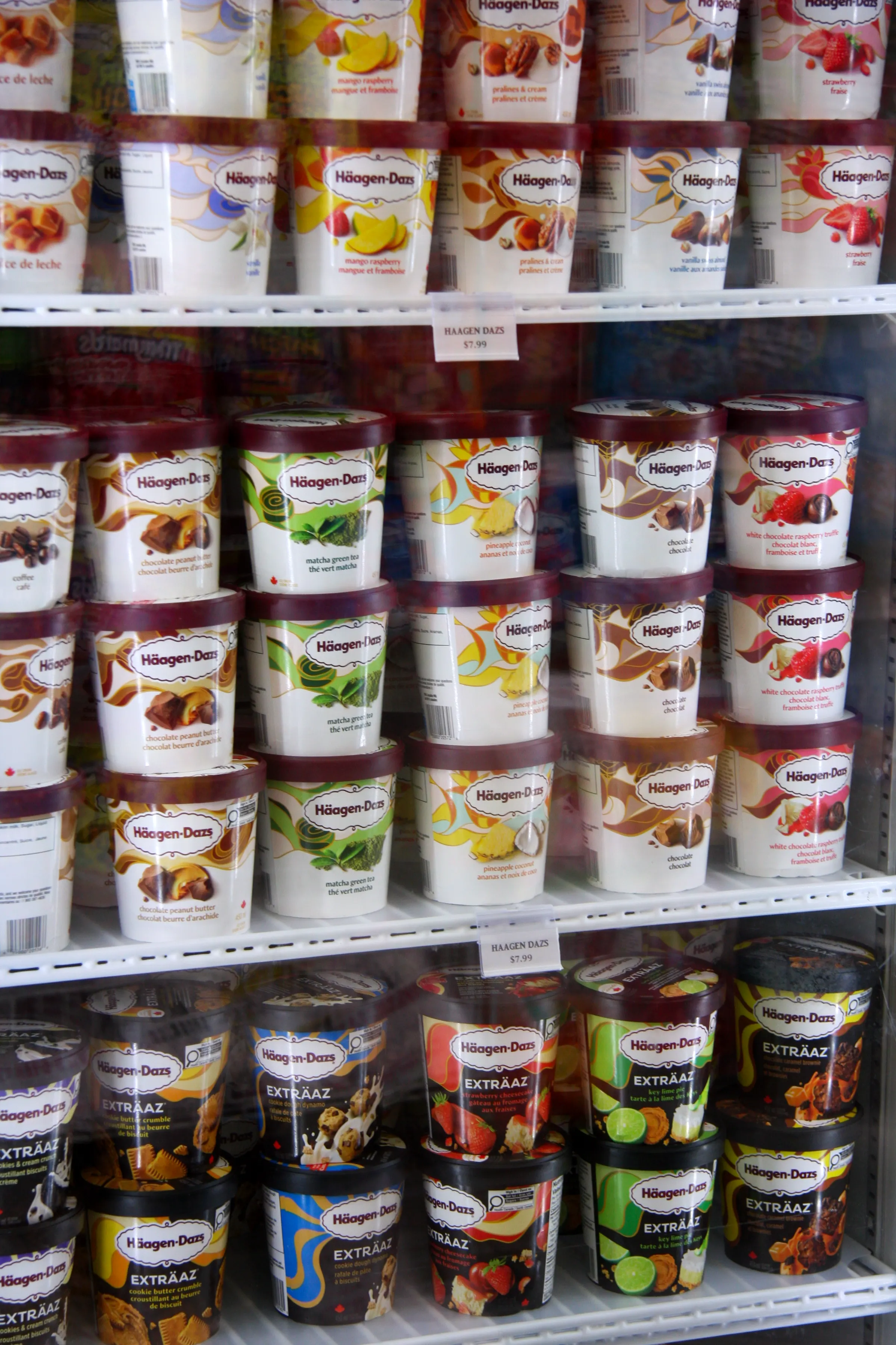 The ice cream freezer stocked front to back with Haagen-Dazs, every tub faced and priced on the shelf edge.